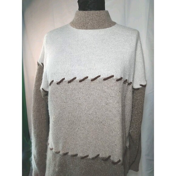 Chamonix Women Knit Beige colorblock stitch Silk Angora Blend Sweater Size Large - Picture 3 of 7